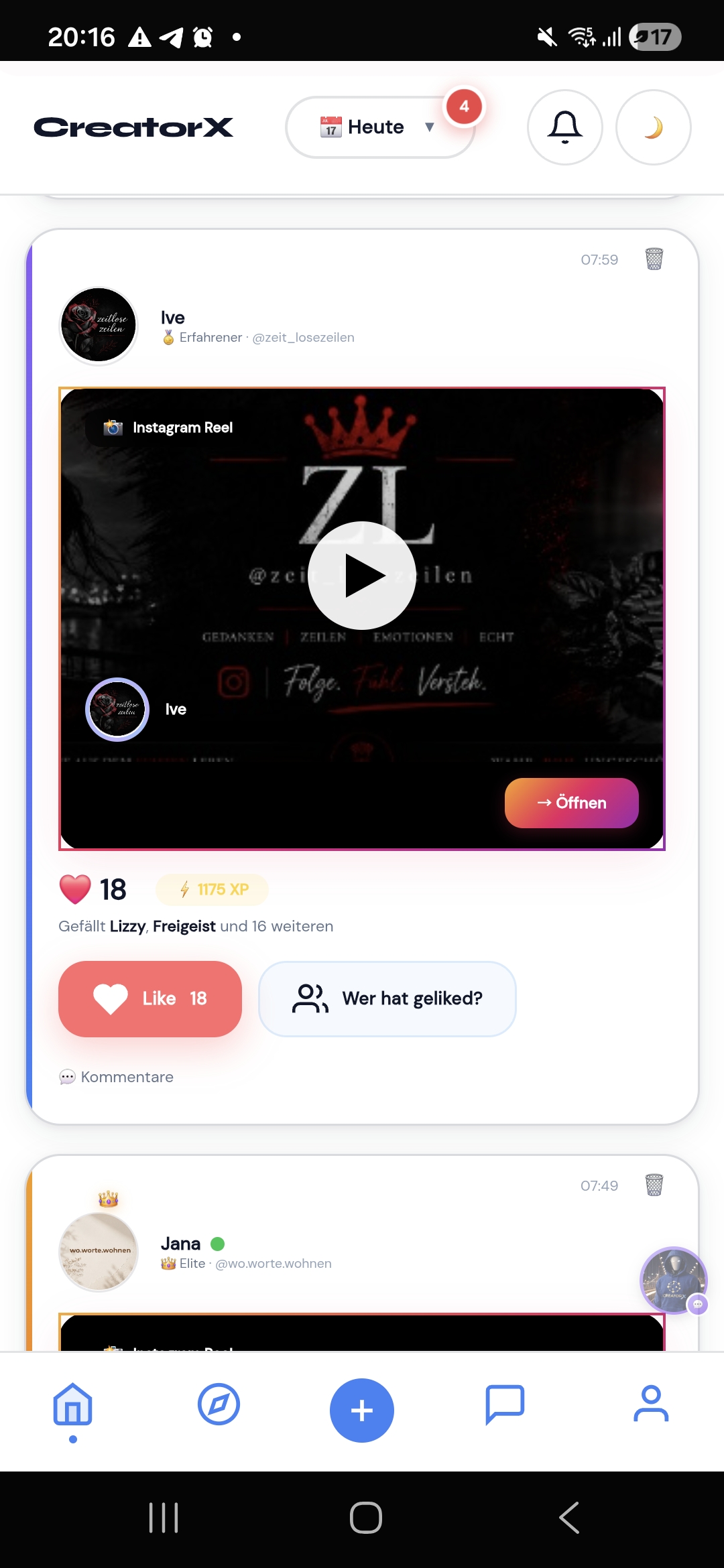 Feed mit Likes und XP