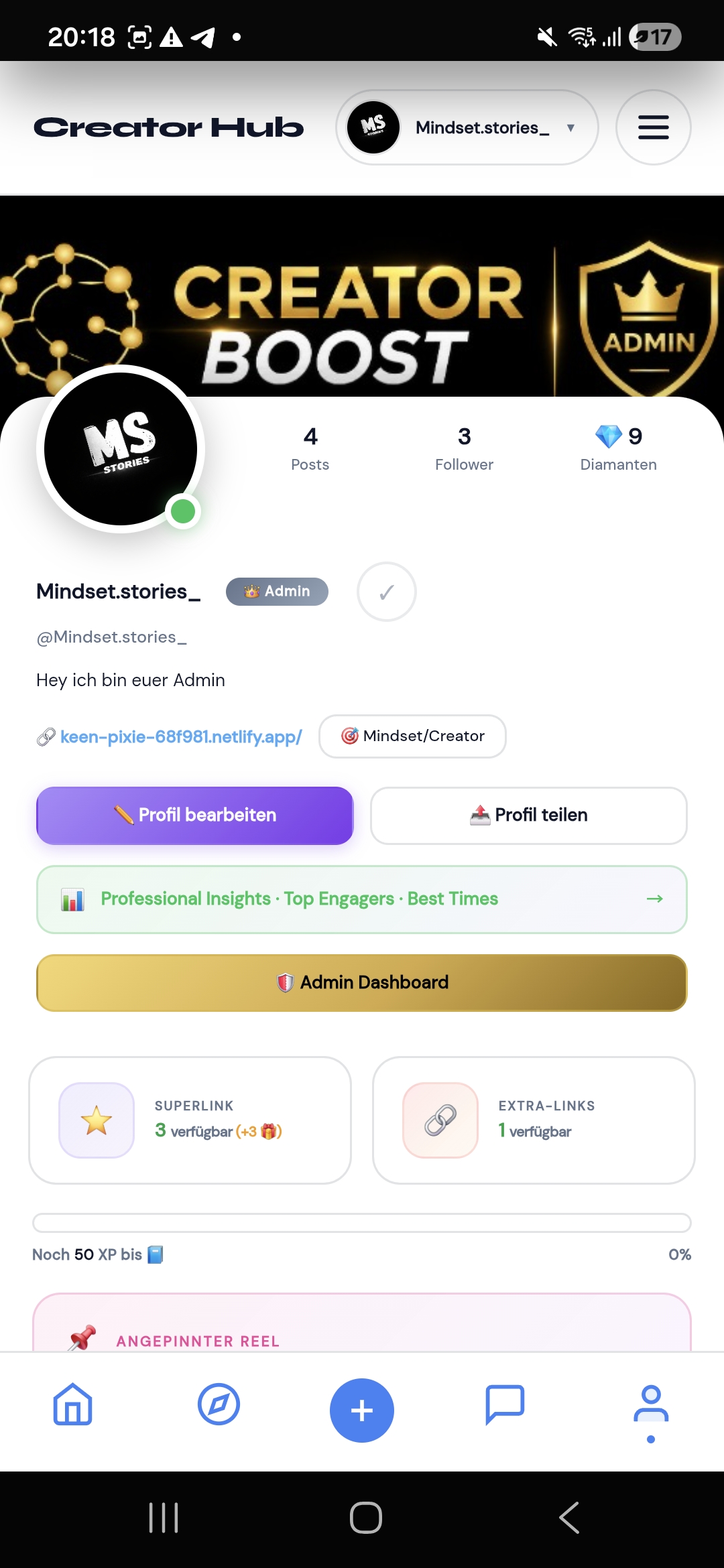 Creator-Profil mit Boost & Diamanten